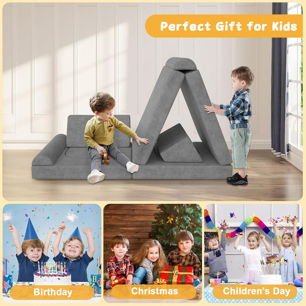 Modular Kids Play Couch 10PCS – Convertible Kids Sofa & Toddler Play Couch with DIY Foam Pieces for Imaginative Play, Climbing & Relaxation for Playroom, Bedroom, Nursery & Living Room