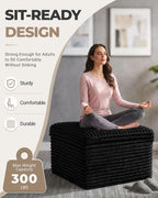 23.6in Pouf Ottoman, Corduroy Ottoman Foot Rest with Dual‑Layer Support, Large Poofy Pouf with Soft Chunk‑Foam Top & Firm Foam Base, Floor Foot Stool for Living Room, Black
