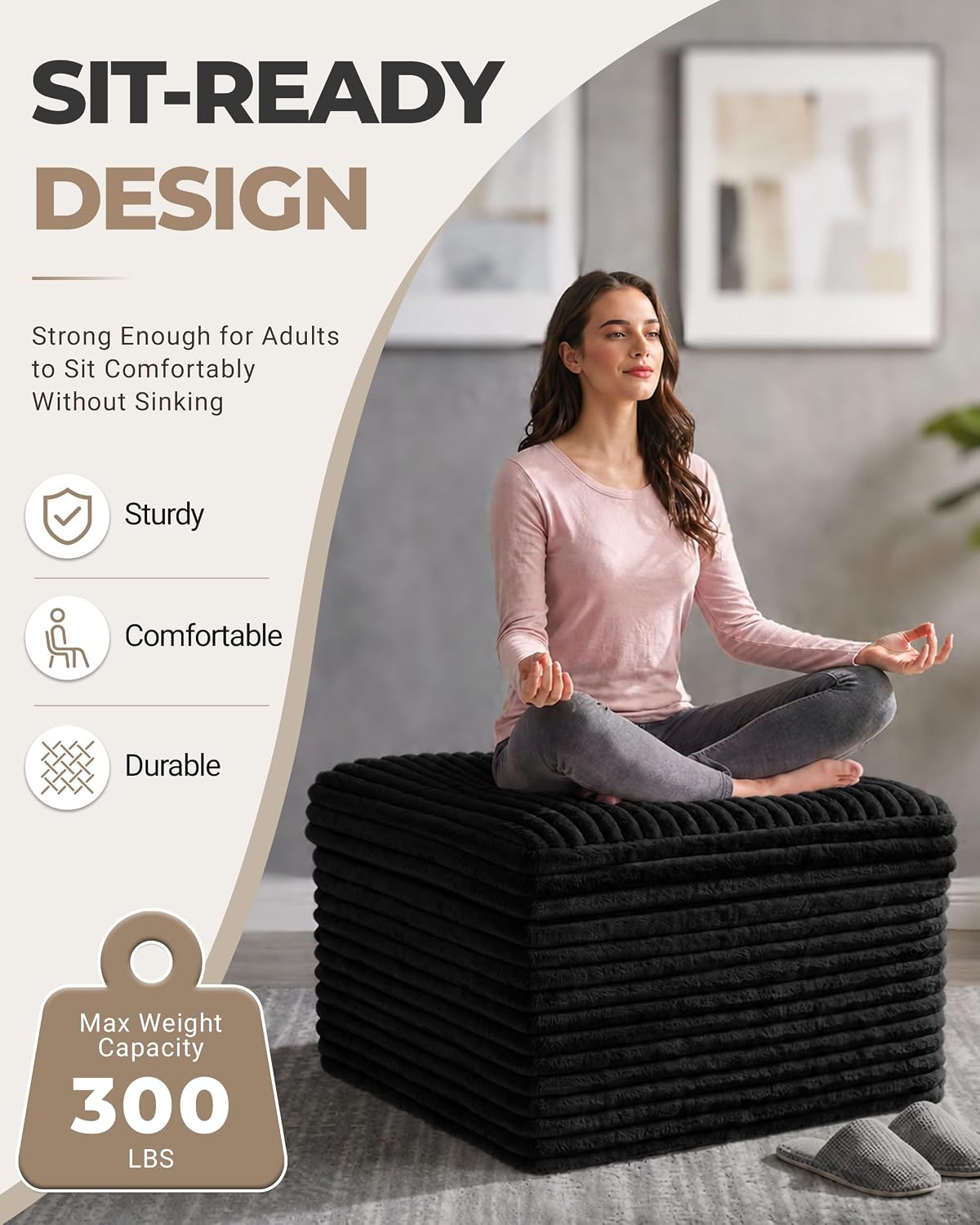 23.6in Pouf Ottoman, Corduroy Ottoman Foot Rest with Dual‑Layer Support, Large Poofy Pouf with Soft Chunk‑Foam Top & Firm Foam Base, Floor Foot Stool for Living Room, Black