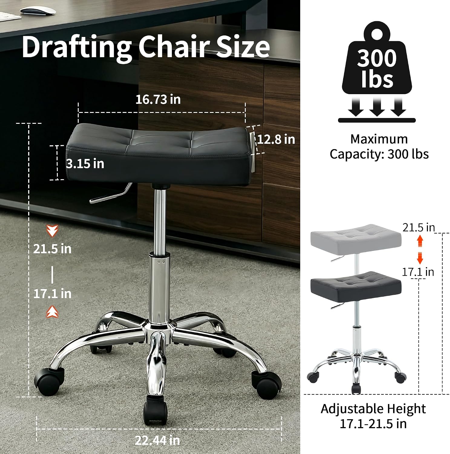 FIRAVOE Office Stool with Wheels (300lbs Capacity) (Adjustable Height 17-21 inch) Black Faux Leather Workbench Stool (Black)