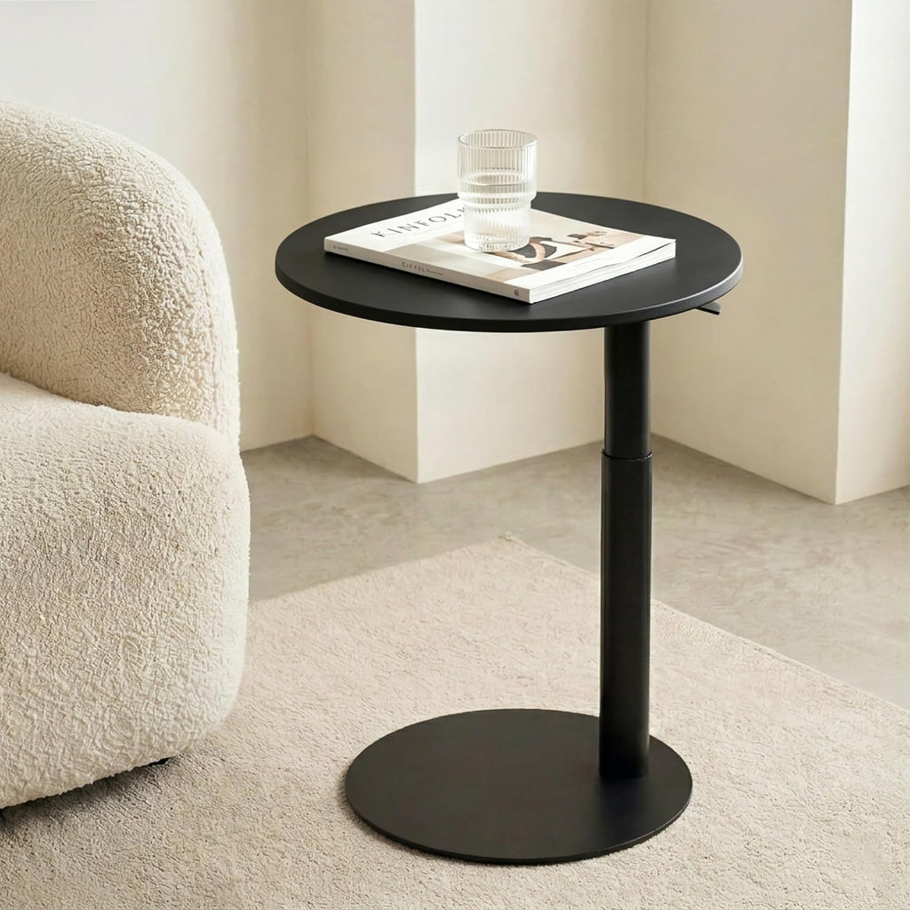FLEXISPOT Adjustable Side Table, Round End Table for Couch & Bed, Stable & Space-Saving Bed Side Table with Effortless One-Hand Height Adjustment, Low-Profile Steel Base, Perfect for Small Spaces