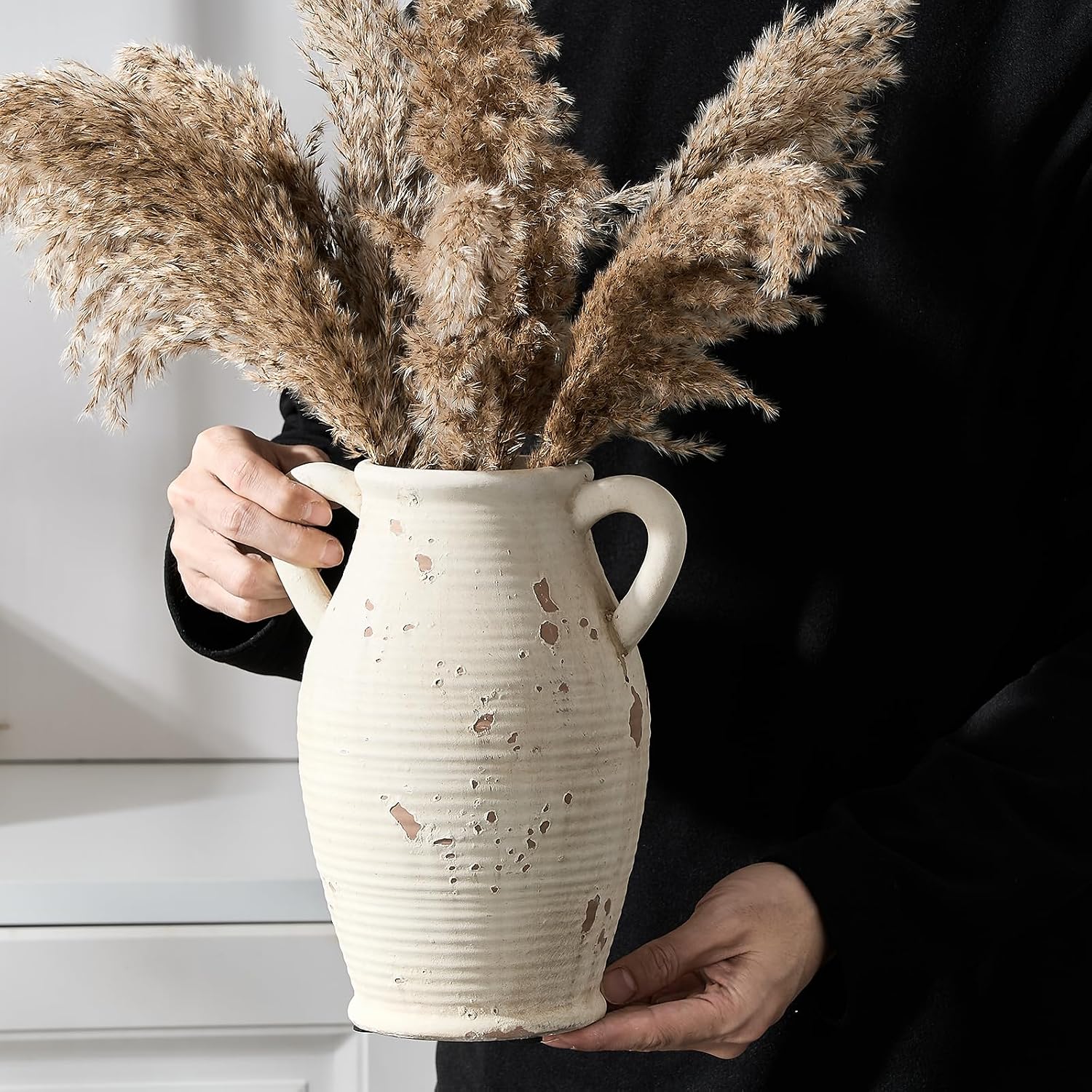 Vaseking Large Ceramic Rustic Vase with 2 Handles, 9.8 inch Farmhouse Distressed Flower Vase for Home Decor, Living Room, Shelf Decor, Pampas Grass, Enterway, Table Decoration, Gift, White