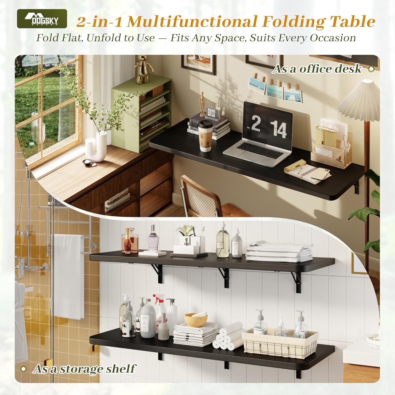 Dogsky Floating Wall Desk, 48" x 16" Wall Mounted Folding Table, Pine Wood Fold Down Wall Table, 300 lb Capacity Wall Mount Desk for Small Apartment, Laundry Room,Kitchen,Bar & Computer Use, Black