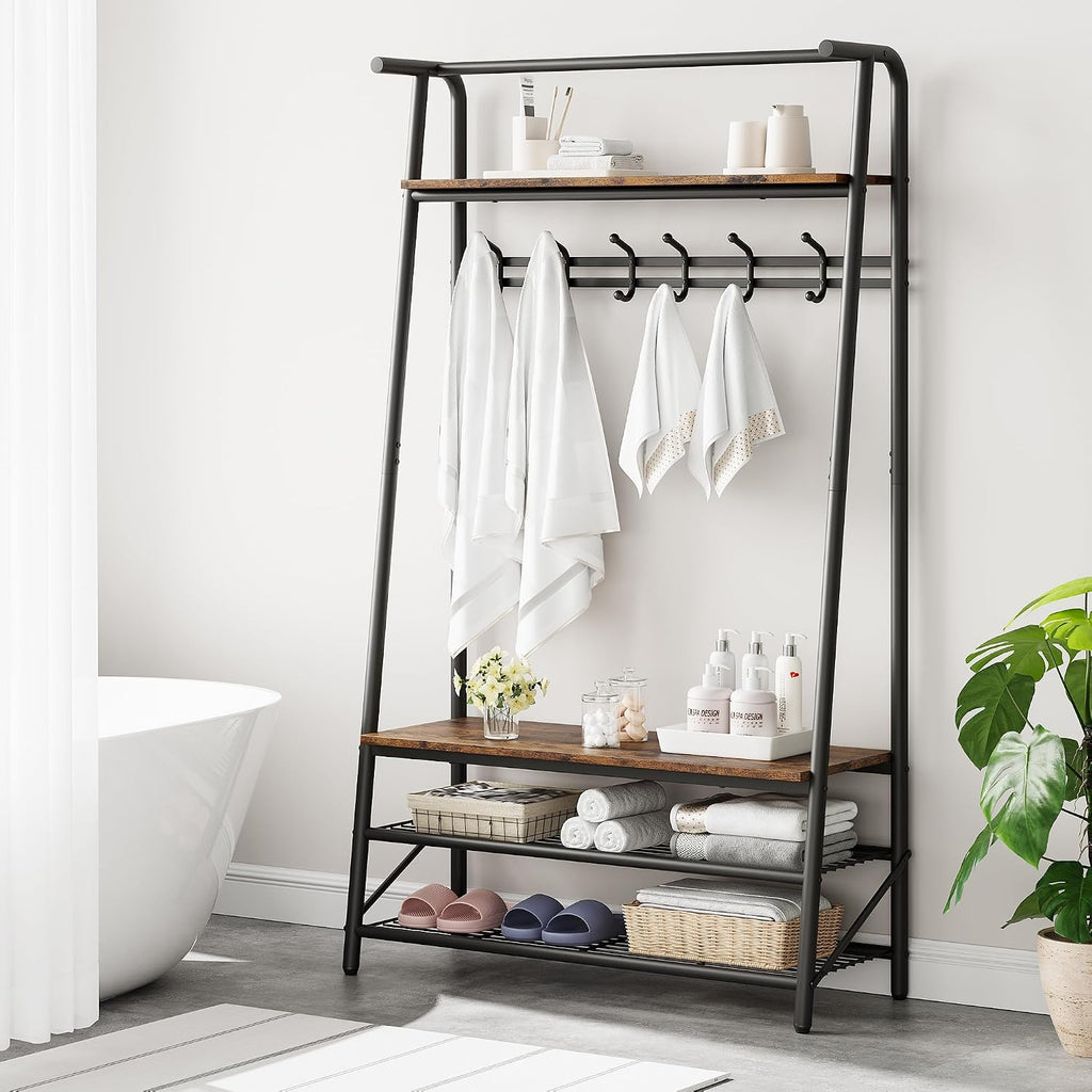 Amyove Coat Rack Shoe Bench with 10 Hooks, Hall Trees Entryway Bench with Storage, Multifunctional Hallway Organizer, Wood Look Accent Furniture with Metal Frame
