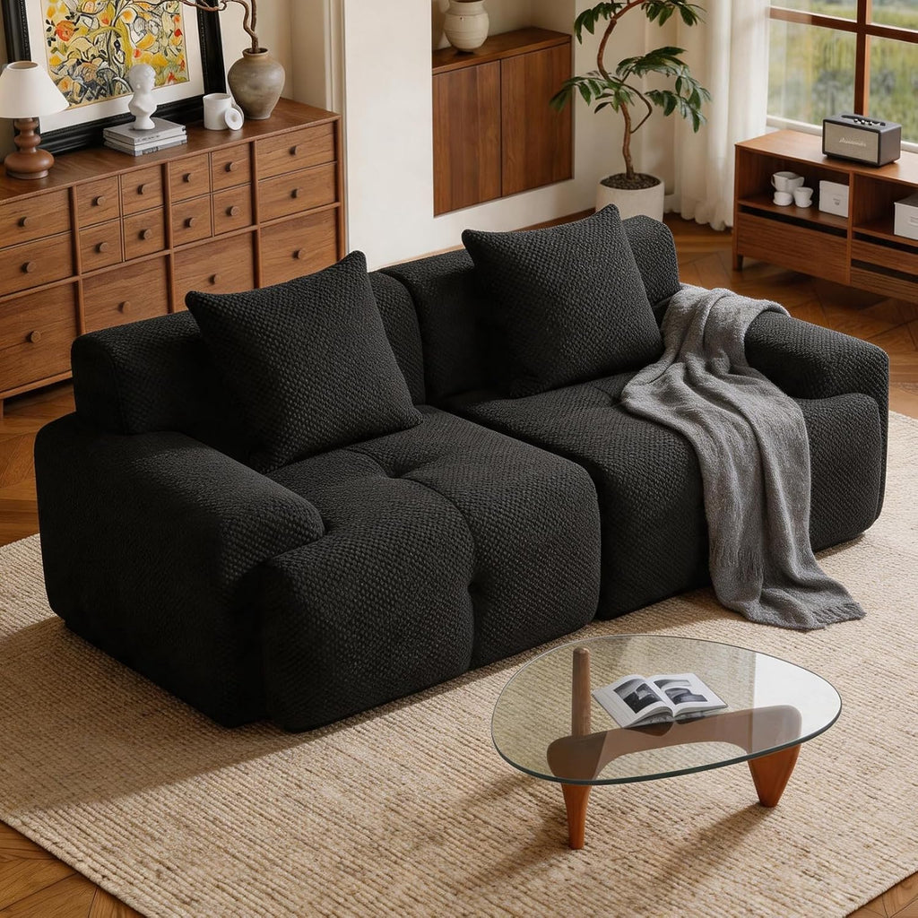 Modern Loveseat Sofa, 73.2" Black Boneless Couch with Spring and Foam Fill, Soft Pineapple Lattice Material, No Assembly Required for Living Room & Guest Room
