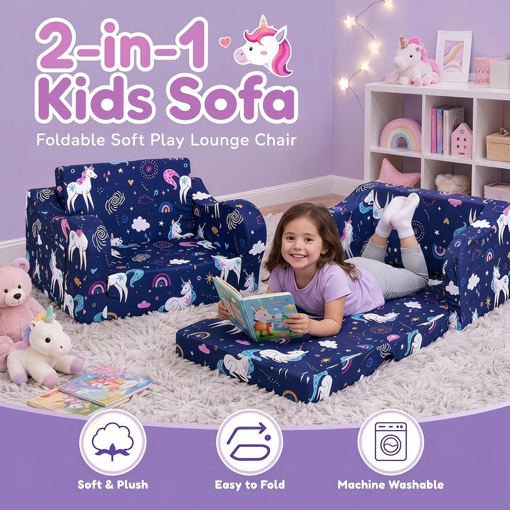 MOMCAYWEX Kids Sofa, 2-in-1 Flip-Out Foam Couch, Foldable Soft Play Lounge Chair, Light Purple