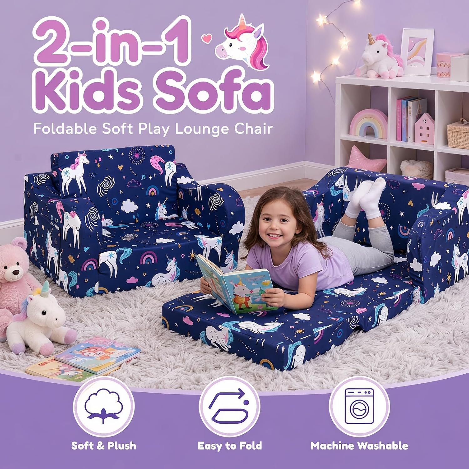 MOMCAYWEX Kids Sofa, 2-in-1 Flip-Out Foam Couch, Foldable Soft Play Lounge Chair, Light Purple