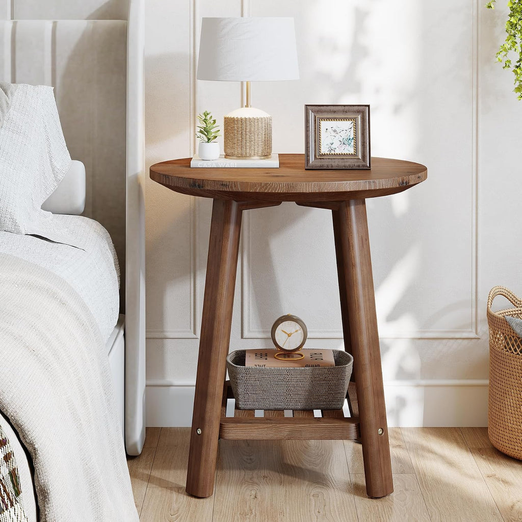 Solid Wood Round Side Table, 2-Tier Small End Table with Storage Shelf, Farmhouse Nightstand for Small Spaces, Living Room, Bedroom, Walnut (1, Walnut)