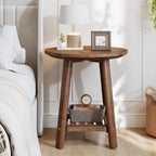 Solid Wood Round Side Table, 2-Tier Small End Table with Storage Shelf, Farmhouse Nightstand for Small Spaces, Living Room, Bedroom, Walnut (1, Walnut)
