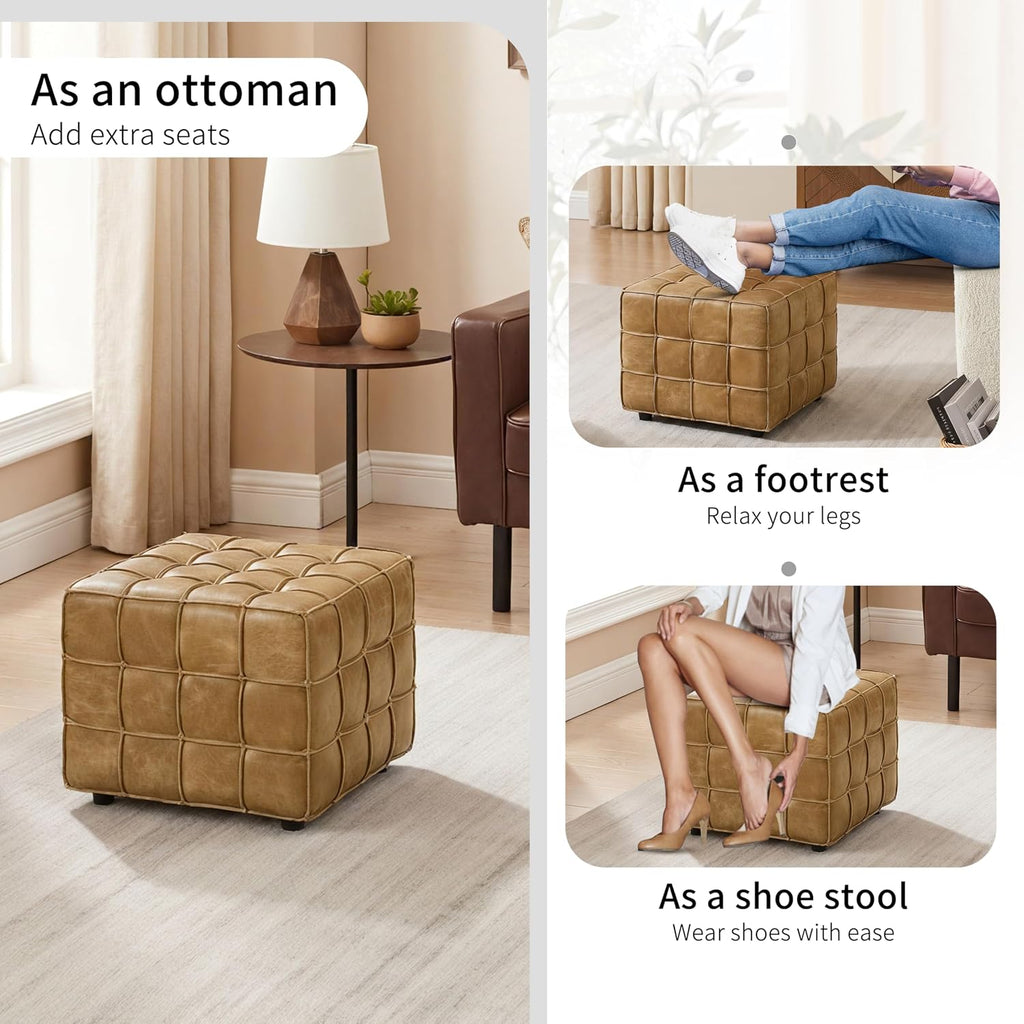 Art Leon Real Leather Ottoman - Square Foot Rest Footstool, Modern Sofa Stool for Living Room Bed Room,Light Brown