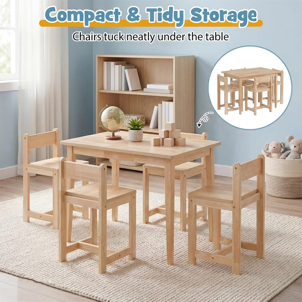 HONEY JOY Kids Table and Chairs, Wooden Activity Table with 4 Chairs Set for Crafts, Homework, Drawing & Snack Time, 5-Piece Playroom and Kindergarten Furniture Set for Children Ages 4+ (Natural)