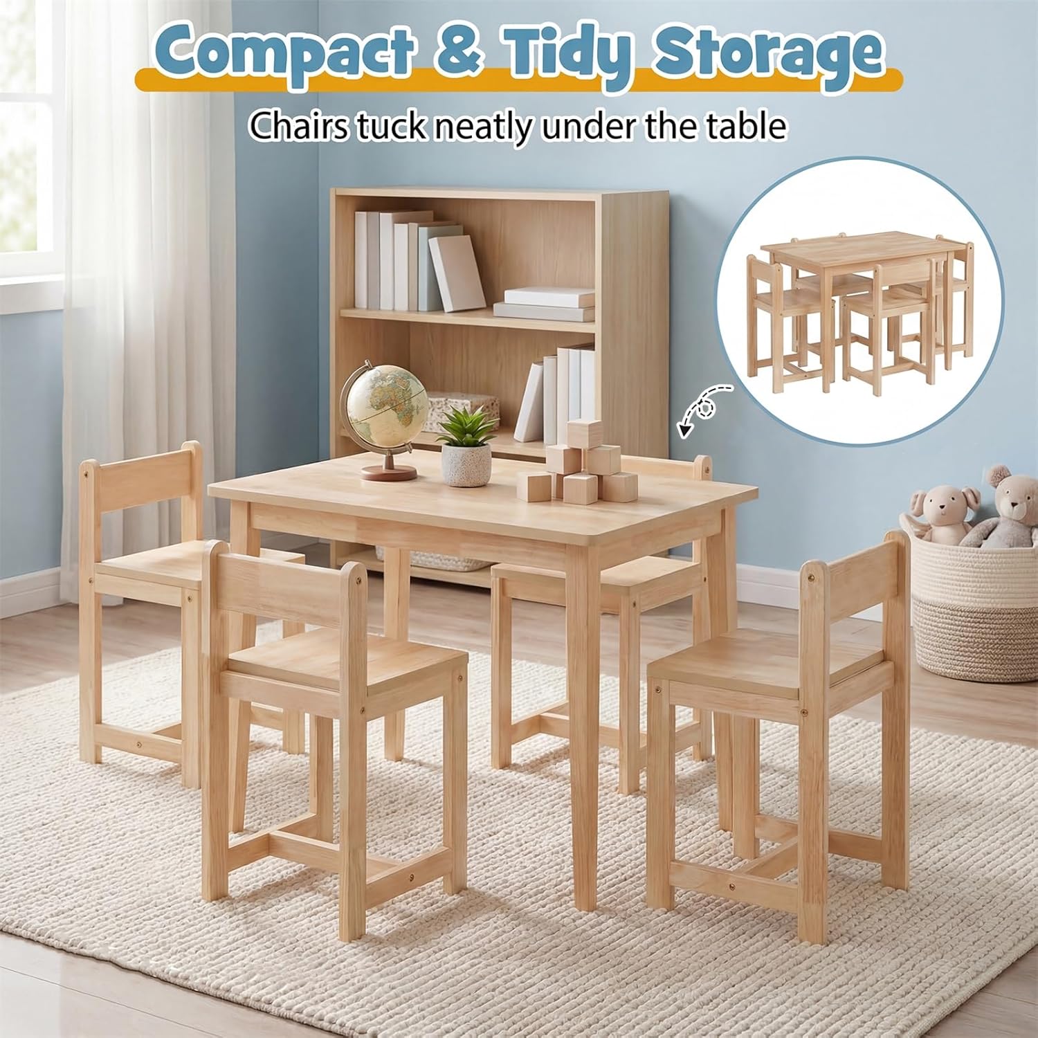 HONEY JOY Kids Table and Chairs, Wooden Activity Table with 4 Chairs Set for Crafts, Homework, Drawing & Snack Time, 5-Piece Playroom and Kindergarten Furniture Set for Children Ages 4+ (Natural)