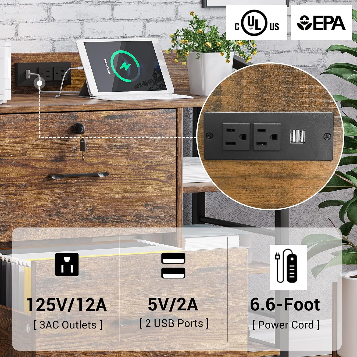 SEDETA 44" File Cabinet, Filing Cabinet fits Legal/Letter Size, 2 Drawer File Cabinets for Home Office with Lock, Power Strip, 6 Storage Shelves, Rustic Brown