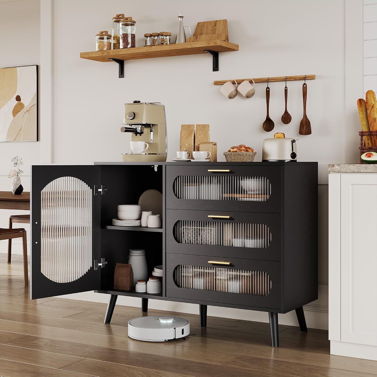 GarveeHome 39.4'' Modern Buffet Cabinet with Storage, Black Sideboard with Fluted Glass Door, 3 Drawers and Adjustable Shelf, Console Table for Kitchen, Dining Room, Living Room