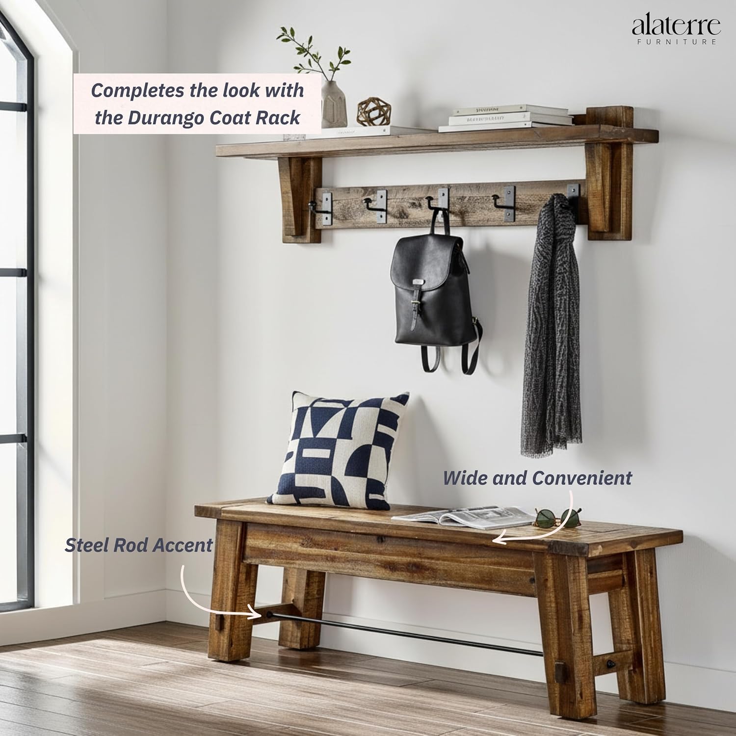 Durango Rustic Farmhouse Style 60-Inch Wood Bench - Industrial Modern Accent Furniture with Solid Wood Seat for Entryway, Dining Room, Hallway, Foyer, or Kitchen by Alaterre Furniture