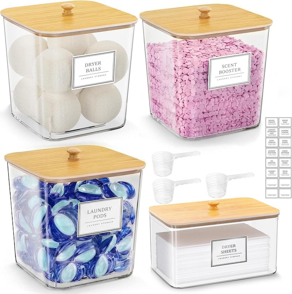 FUSHITON Laundry Pods Storage Container, 3+1 Clear Storage Bins with Bamboo Lids for Detergent Pods, Scent Beads & Dryer Sheets, Includes 16 Labels and 3 Measuring Scoops