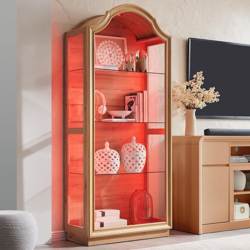 IFGET 72" Arched Glass Display Cabinet, Modern Curio Cabinet with 20 Color Lights, 4-Tier Display Case Shelf with Brightness/Speed Adjustable for Living Room, Dining Room, Study Room-Natural