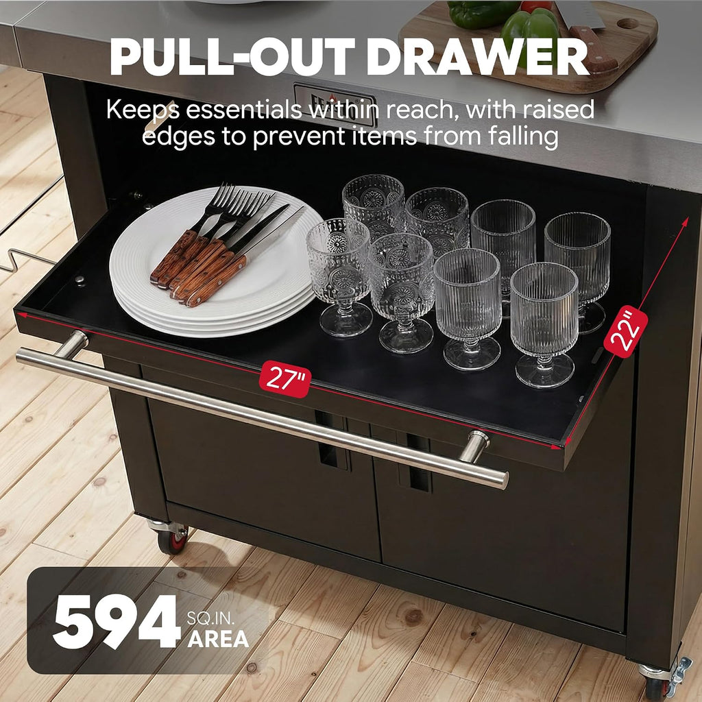 Feasto Outdoor Kitchen Island with Cabinet, 74” x 26” Rolling Grill Table | Grill Table with Stainless Steel Top for Pizza Oven& Griddles, Movable Bar Cart with Pull-Out Plate for Parties & Gathering