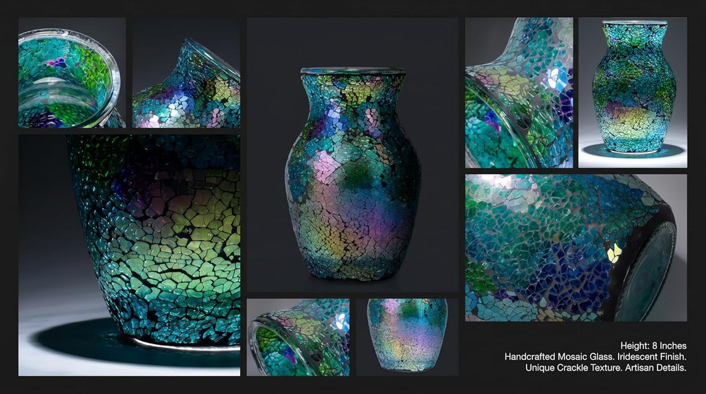 8" Iridescent Crackle Glass Vase, Handmade Deep Teal Green & Violet Mosaic Flower Vase, Dynamic Light-Reactive Art Centerpiece for Home Decor