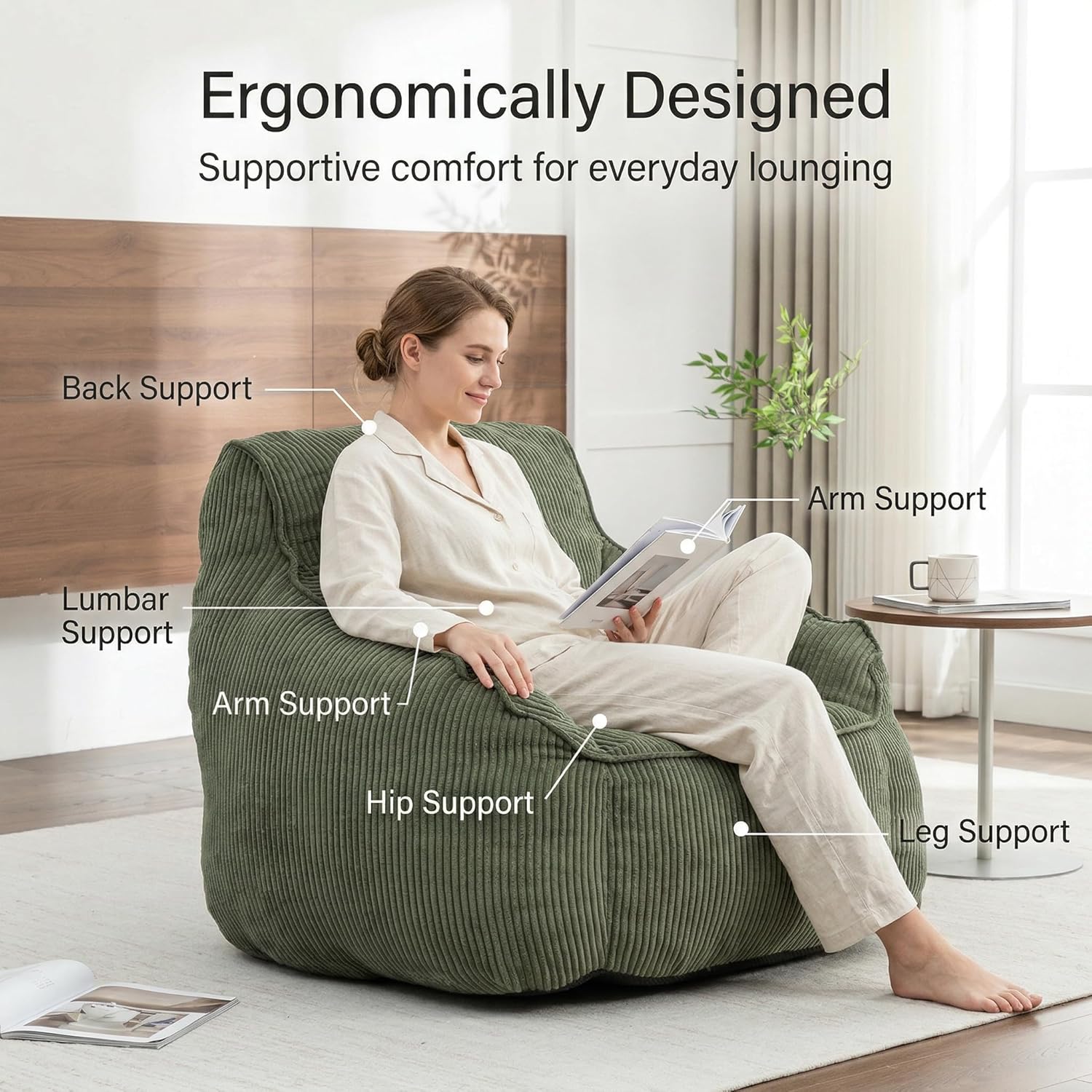 Bean Bag Chair for Adults and Kids with Armrests, High Back Corduroy Lounge Chair, Oversized Supportive Floor Sofa for Living Room, Bedroom, Dorm (Green)