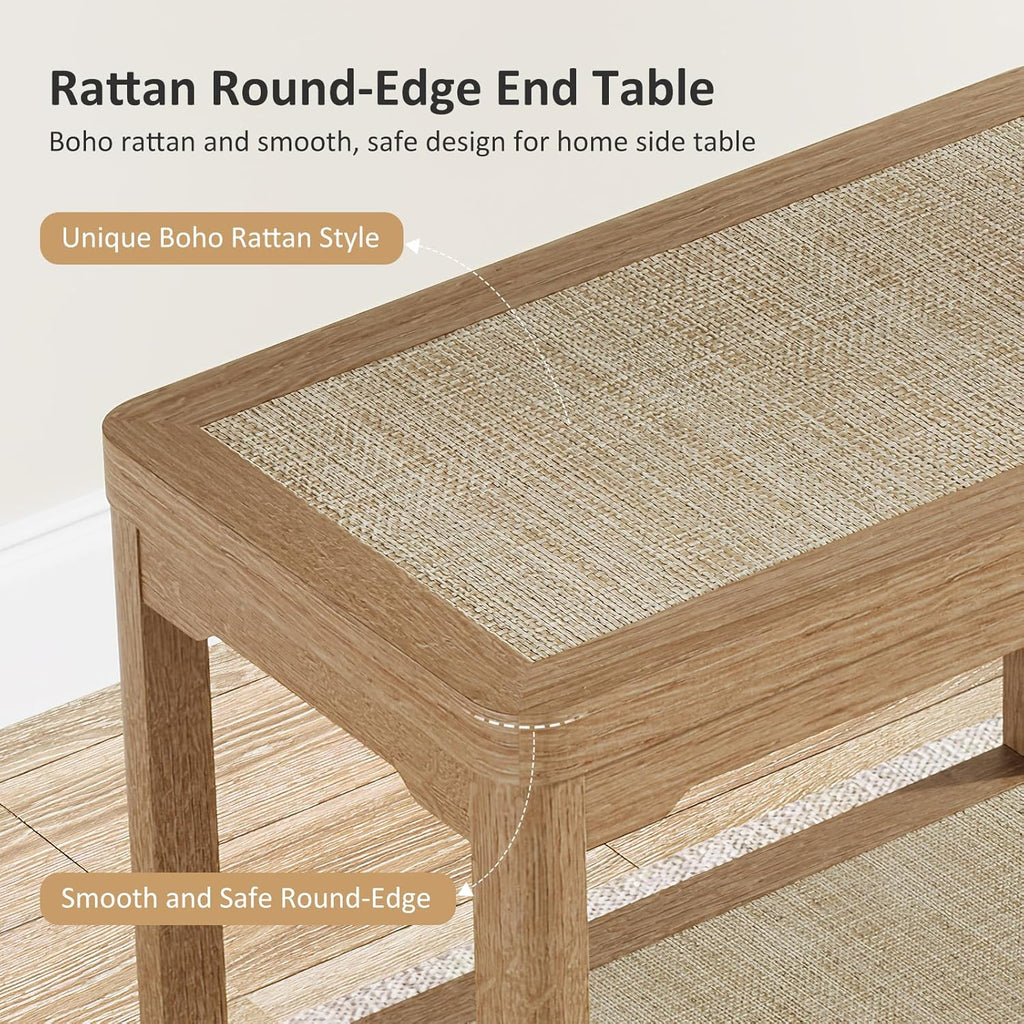 Eclatara Rattan Night Stand - Farmhouse 2 Tier End Table for Bedroom - Accent Side Table wtih Open Storage Shelves for Small Space Narrow Coffee Table Bamboo (2, Natural Oak)