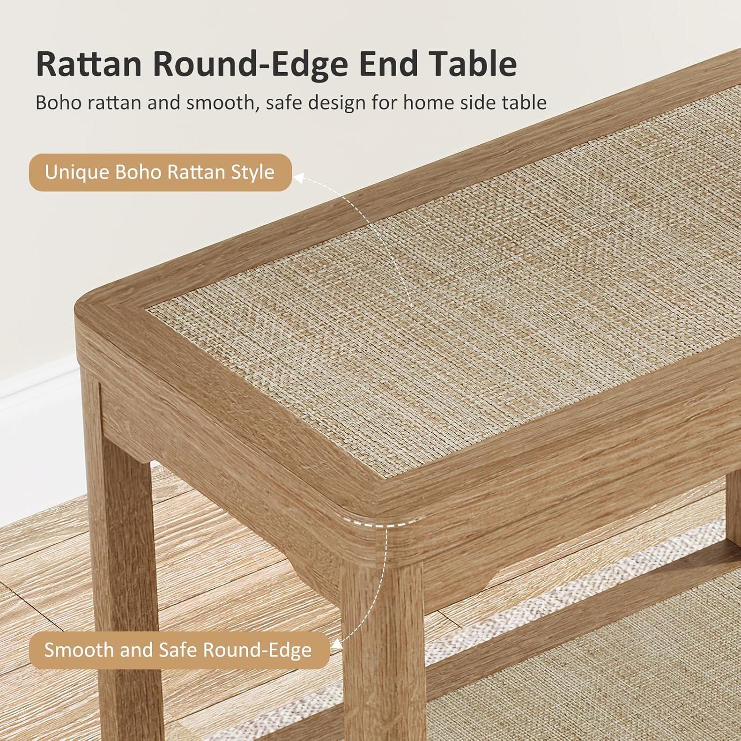 Eclatara Rattan Night Stand - Farmhouse 2 Tier End Table for Bedroom - Accent Side Table wtih Open Storage Shelves for Small Space Narrow Coffee Table Bamboo (2, Natural Oak)