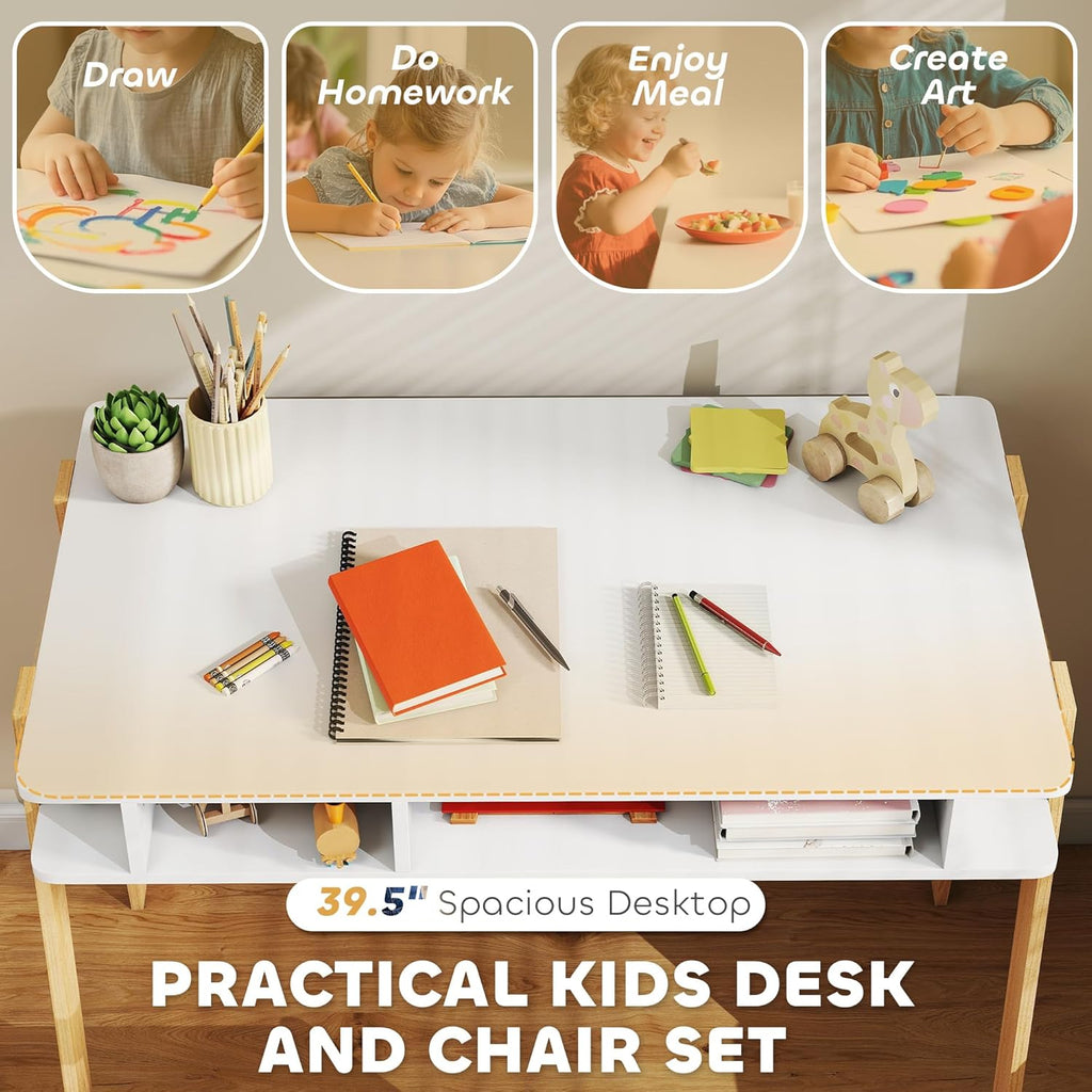 Qaba Kids Desk and Chair Set for 3-12 Years Old, Children Study Desk with Storage Compartment, Student Writing Table Computer Workstation for Home Bedroom School Use