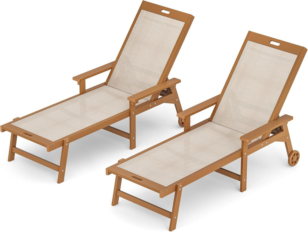 LUE BONA Chaise Lounge Chair Outdoor Set of 2, HDPS and HDPE Wicker Chaise Lounger with 5 Positions, Pool Lounge Chairs with Wheels and Adjustable Backrest for Patio, Poolside, Deck, Backyard