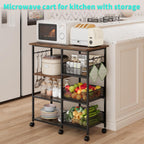 HapiRm Rolling Kitchen Carts with Storage - Microwave Table Stand with 6 Hooks & 3 Baskets, kitchen Island Cart on Lockable Wheels, 28.3" L × 14.6" W Bakers Rack Cart for Dining Room Coffee Bar Office