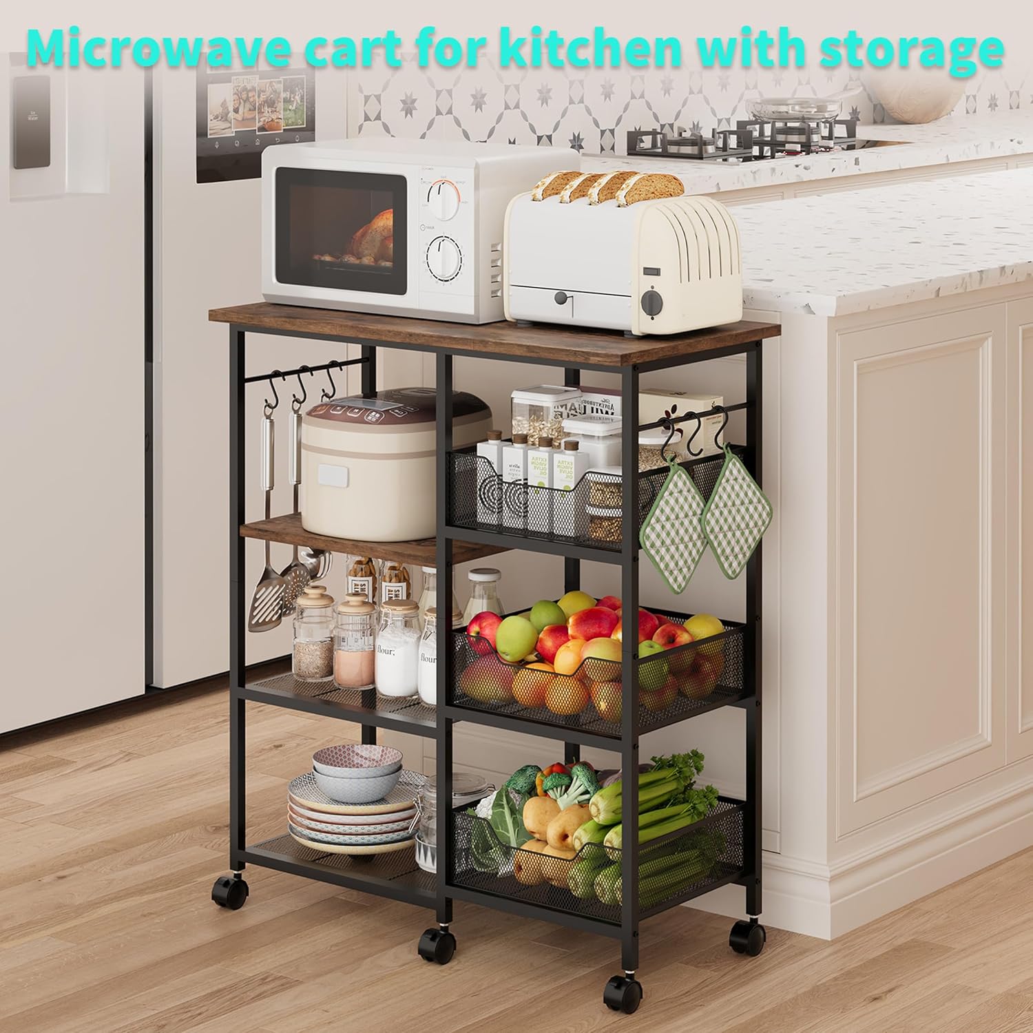 HapiRm Rolling Kitchen Carts with Storage - Microwave Table Stand with 6 Hooks & 3 Baskets, kitchen Island Cart on Lockable Wheels, 28.3" L × 14.6" W Bakers Rack Cart for Dining Room Coffee Bar Office