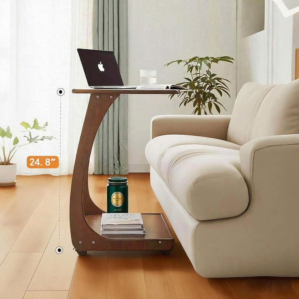 Solid Wood C-Shaped End Table with Wheels, Walnut Slide Under Sofa Side Table with Storage Shelf, Mobile Accent Table for Living Room Bedroom