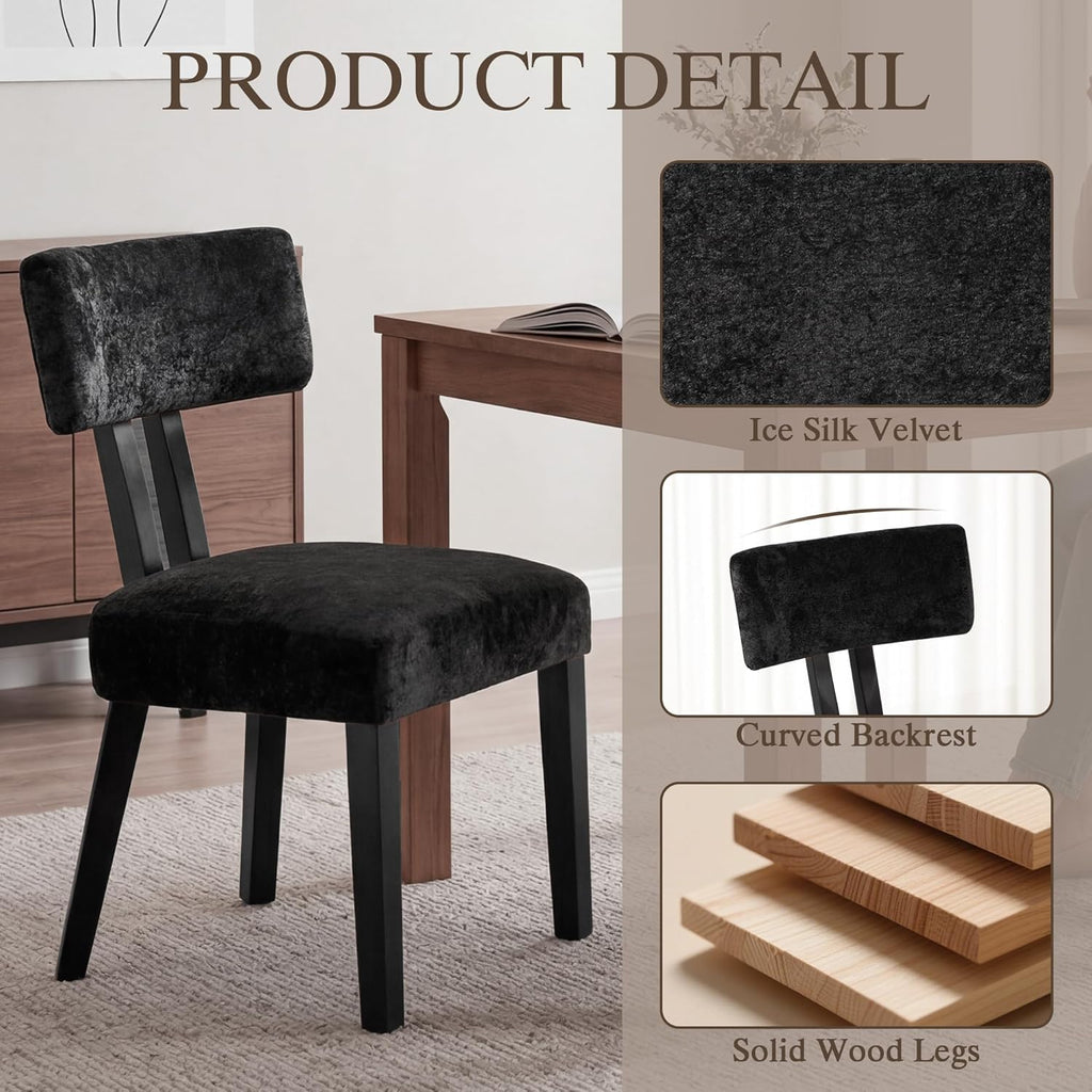 GOTMINSI Mid Century Modern Dining Chairs,Velvet Farmhouse Upholstered Kitchen Chairs, Accent Curved Backrest Dining Room Chairs with Hardwood Legs (Black, 4PCS)