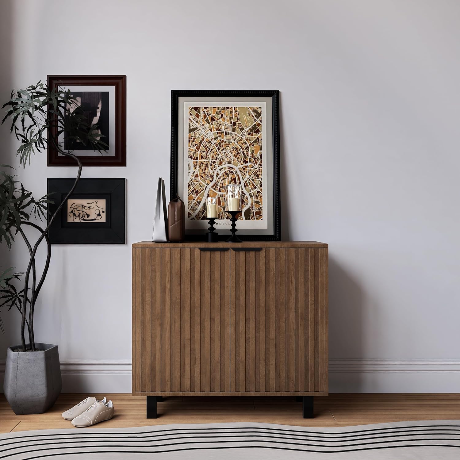 Sideboard Buffet Cabinet Storage for Entryway with Doors, Modern Fluted Shoe Organizer with Adjustable Shelves, Freestanding Hidden Shoe Rack with Black Metal Legs for Front Door Entrance, Living Room
