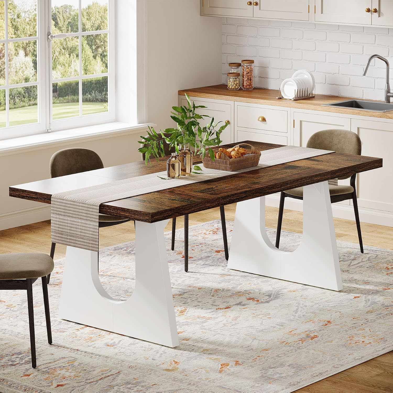 Tribesigns Large Dining Table for 6-8 People, 70.9" Wood Rustic Rectangular Table with White Wooden Legs, Farmhouse Center Kitchen Table for Dining Room, Living Room, Home Furniture (Brown & White)