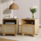 Nathan James Franco Faux Rattan Side Table Nightstand with Storage, Rustic Bedside Table with Solid Wood Legs, Light Brown Set of 2