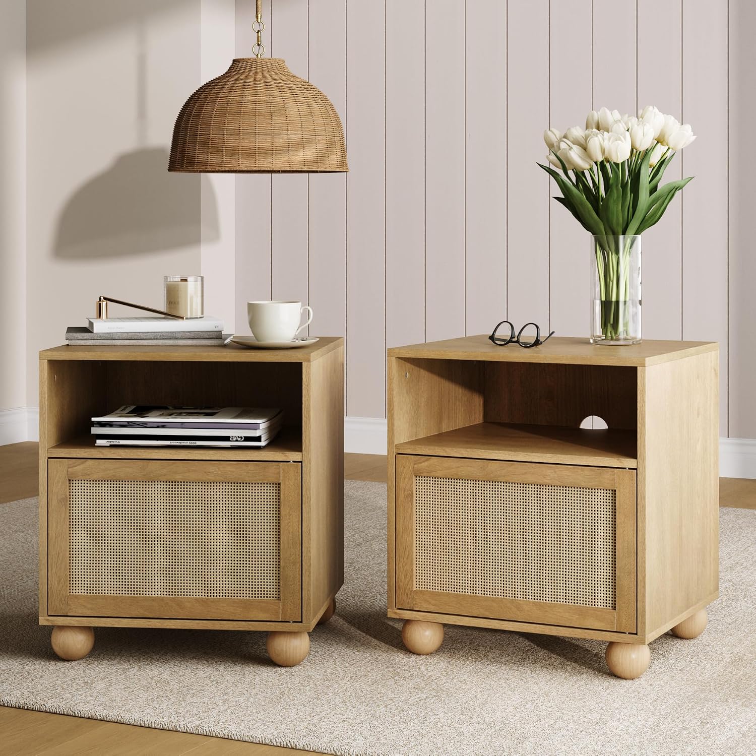 Nathan James Franco Faux Rattan Side Table Nightstand with Storage, Rustic Bedside Table with Solid Wood Legs, Light Brown Set of 2