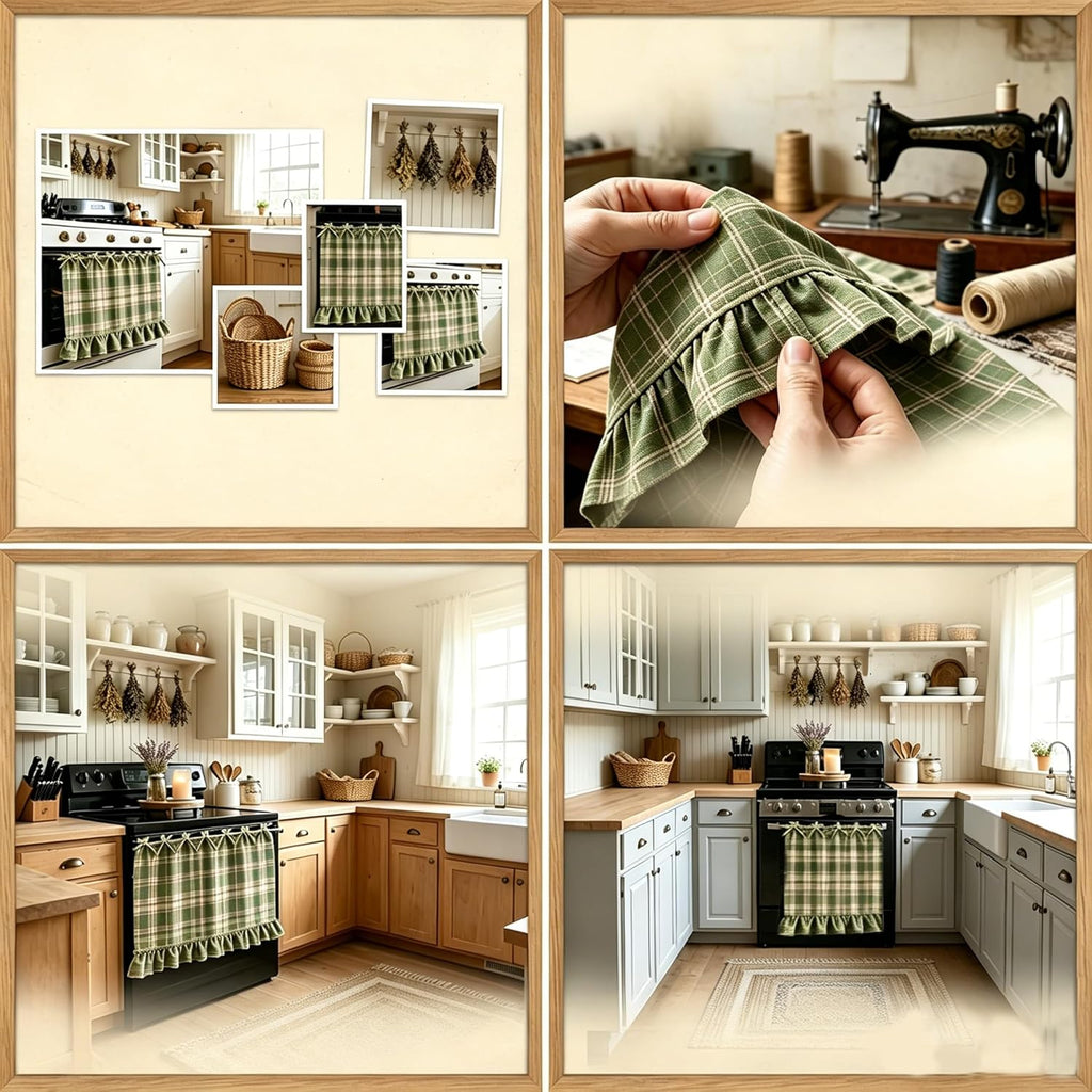 Handmade Farmhouse Hidden Skirt Curtain, Tie Top Heat‑Resistant Kitchen Curtain with Ruffles & Ribbon Ties for Oven, Stove & Dishwasher, Rustic Kitchen Décor (Brown, 22" W x 28" L)