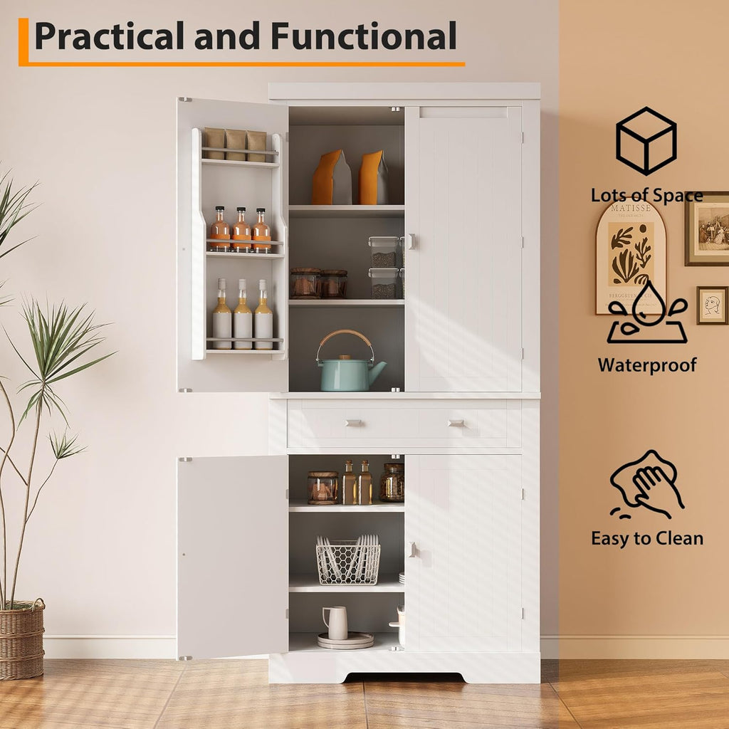 GAOMON 72in Tall Kitchen Pantry Cabinet, Farmhouse Large Cupboard Storage Cabinet with Adjustable Shelves 6 Door Racks for Living Dining Room Laundry,White