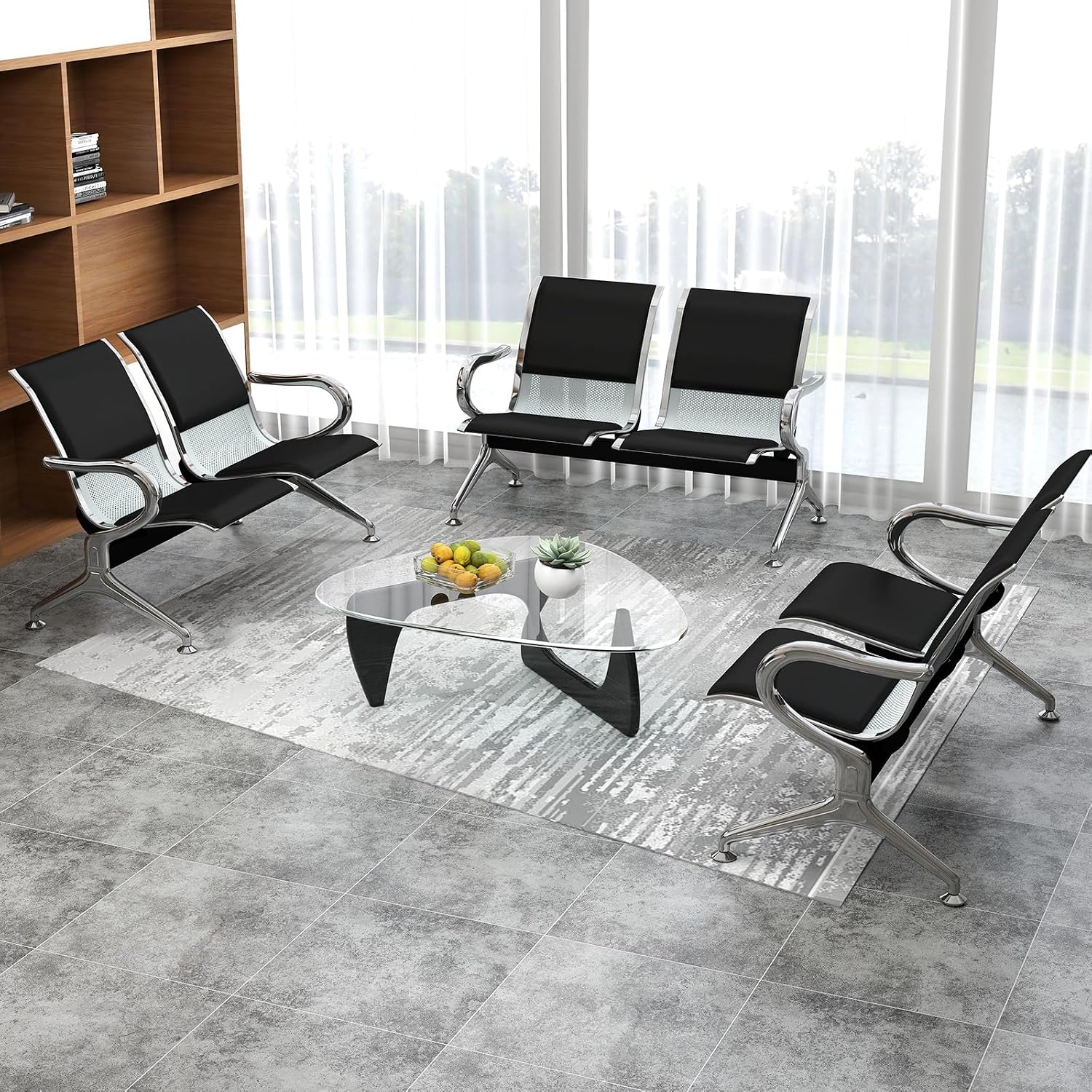 kinbor 2-Seat Waiting Room Chairs with Arms - Set of 3 Modern PU Leather Reception Bench for Airport, Hospital, Office Lobby - Breathable Mesh & Durable Steel Waiting Area Furniture (Black)