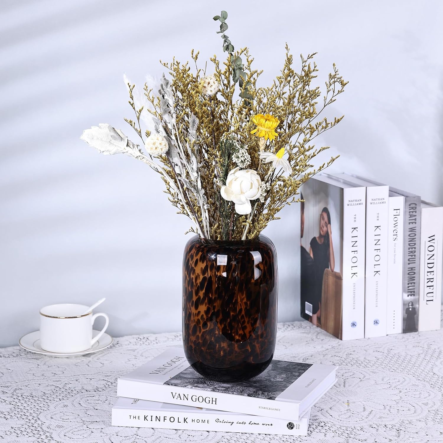 8.2in Amber Vase,Brown Glass,Round Art,Modern Clear Glass Vase,Decorative Bottles for Home Decor,Farmhouse Centerpiece,Wide for Living Room, Kitchen,Office, Dining (S)