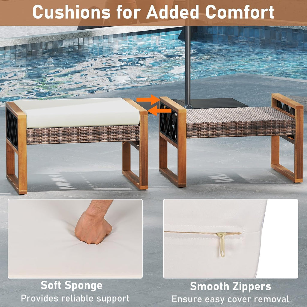RELAX4LIFE Wicker Outdoor Ottomans for Patio - Set of 2 Rattan Outside Footstool w/Removable Cushion, Wood & Metal Frame, 3-in-1 Foot Rest, Extra Seating & Side Tables for Porch Backyard Poolside