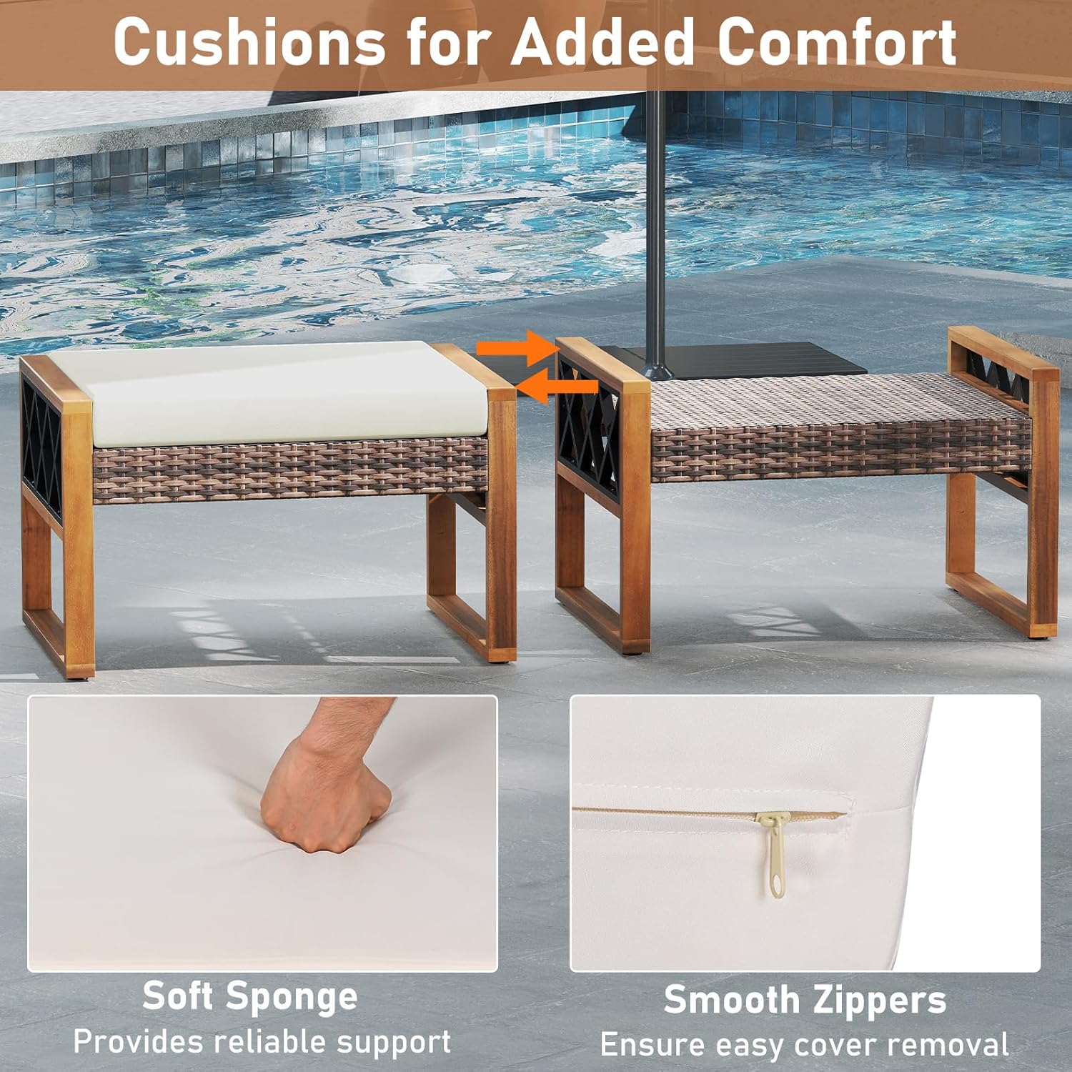 Tangkula Rattan Wicker Outdoor Ottoman Set of 2, Patio 3-in-1 Footstools with Removable Cushions, Additional Seating and Side Tables for Porch, Backyard & Poolside (Off White)
