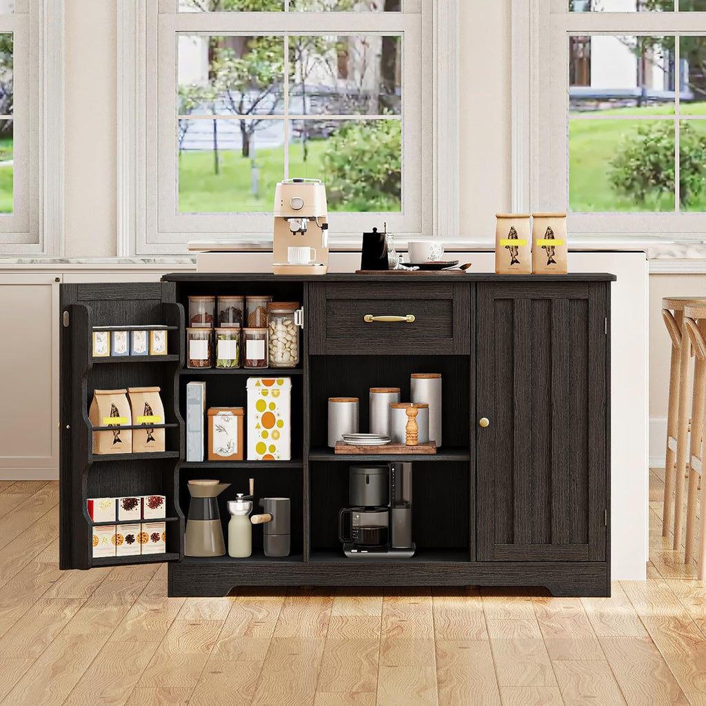 Gizoon 45" Coffee Bar Cabinet with Door and Shelves Kitchen Hutch with Countertop, Kitchen Buffer Cabinet with Storage for Bedroom and Living Room, Black