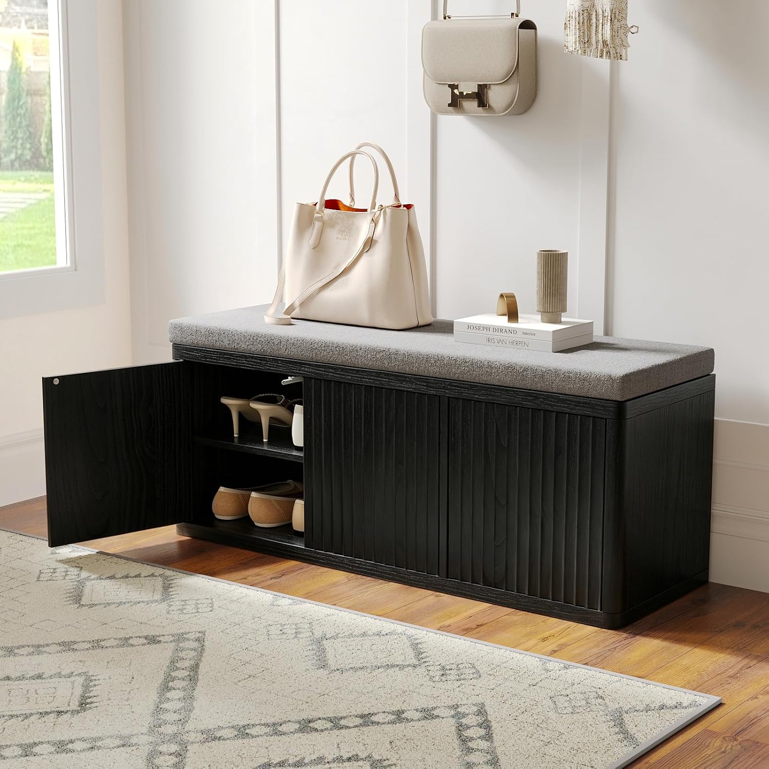 2-Tier Shoe Storage Bench with Cushion, 41.3" Entryway Bench with Padded Seat Cushion, Hidden Shoe Cabinet Storage for Hallway, Living Room, Bedroom,Black