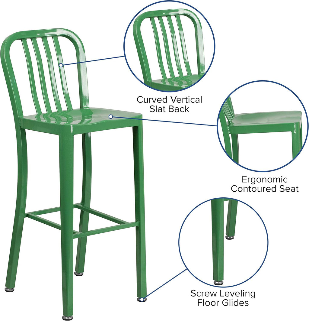 EMMA + OLIVER Commercial Grade 30" H Green Metal Indoor-Outdoor Barstool with Slat Back