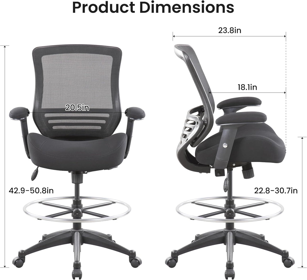 BOLISS 400lbs Mid Back Mesh Ergonomic Drafting Chair for Standing Desk Office Wide Chair Built-in Lumbar Support Big Adjustable Foot Ring Height Adjustable Armrest (Black)