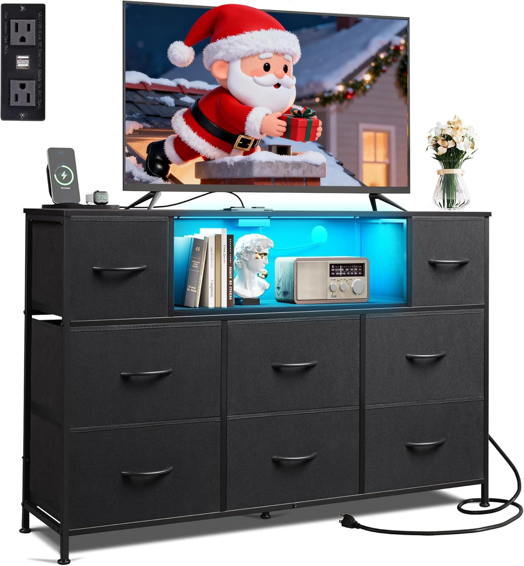 WLIVE LED Dresser TV Stand for 55 Inch TV, 8 Drawers, Black | Fits TVs up to 55 inch, 8 fabric drawers, LED chest of drawers, Built-in power outlet, Living room or bedroom