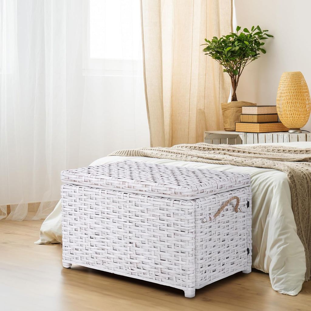 happimess HPM9003E Jacob 31.5" Handwoven Wicker Storage Trunk, Distressed White, Collapsible for flat storage, for Office, Dorm Room, Entryway, Bedroom, Dining Room