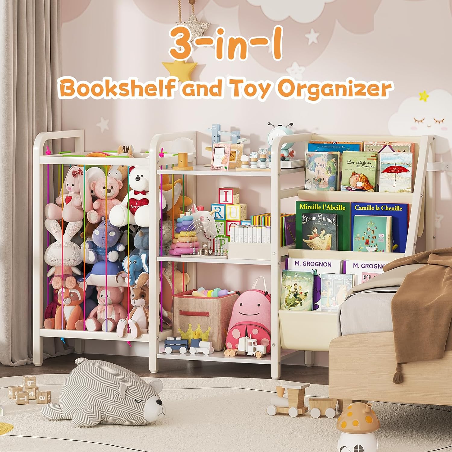 B1 Kids Bookshelf and Toy Storage, 3-Tier Book Shelf for Kids Rooms, Sling Baby Bookcase with Stuffed Animal Storage, Montessori Toddler Bookshelf for Nursery, Bedroom, Playroom, White