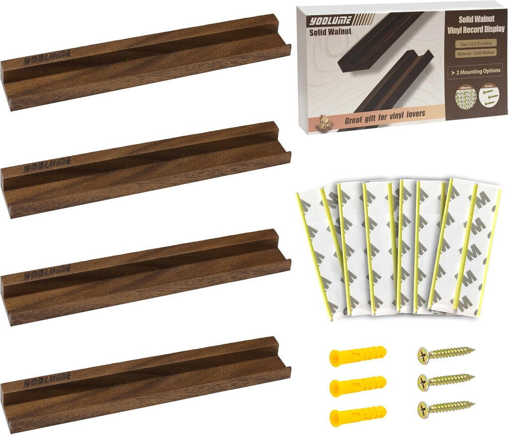 Vinyl Wall Display No Drill with 2 Mount Options(Adhesive & Screws), 4 Pack Walnut Wood Vinyl Wall Mount, Record Shelf, Record Holder Wall, Album Display Shelves, Floating Shelf for Album, LP, CD